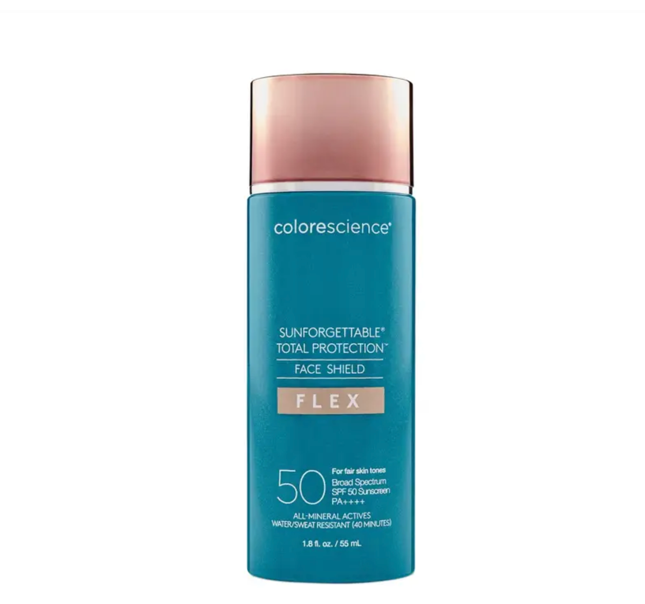 A teal ColoreScience Sunforgettable Enviroscreen Protection Face Shield Flex SPF 50 bottle with a rose gold cap.