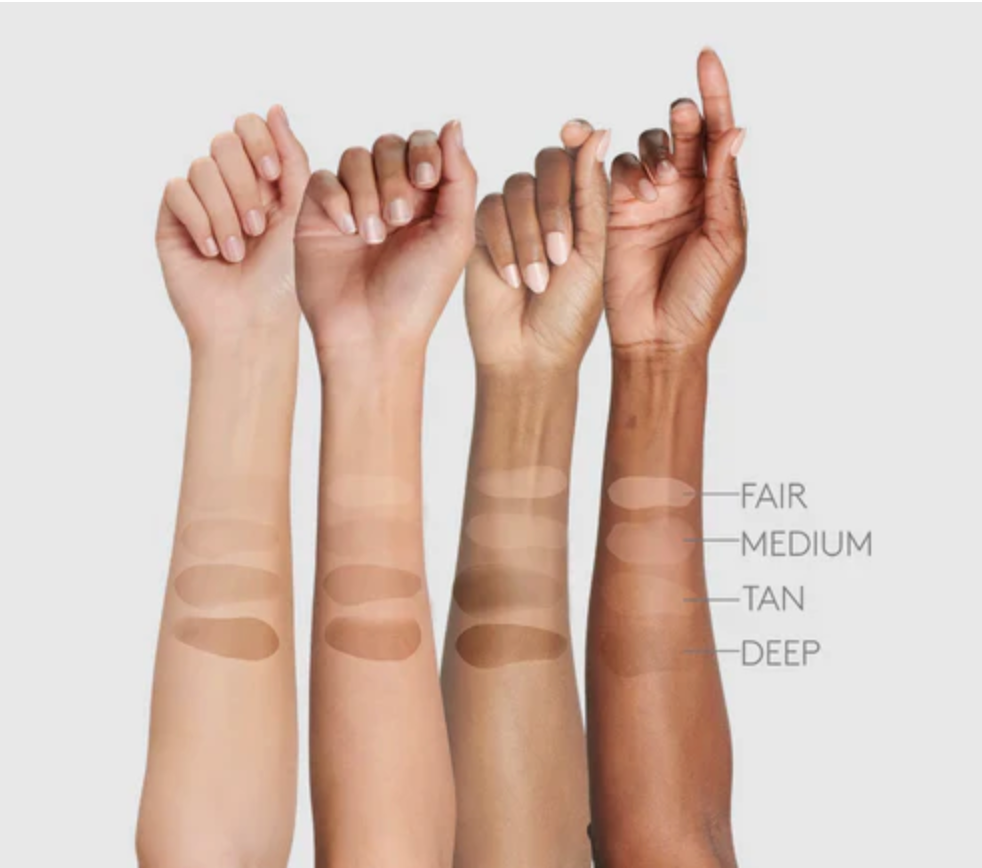 Four arms show ColoreScience Sunforgettable Face Shield Flex SPF 50 swatches in Fair, Medium, Tan, and Deep tones.