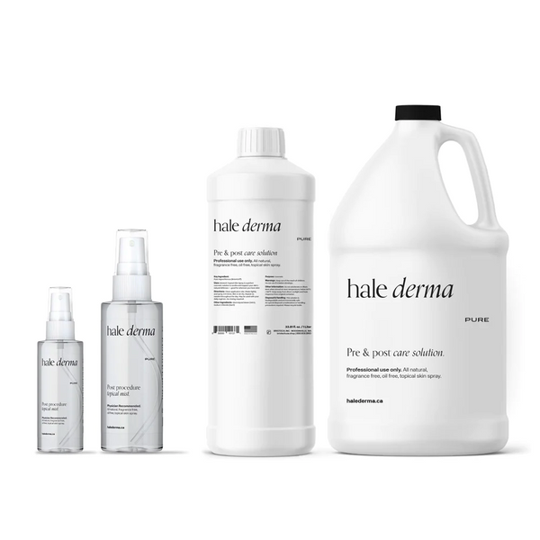 Four Hale Derma pre and post care solution bottles of different sizes with white labels on a white background.