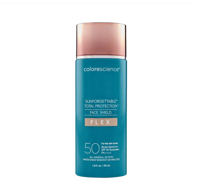 A teal ColoreScience Sunforgettable Enviroscreen Protection Face Shield Flex SPF 50 bottle with a rose gold cap.