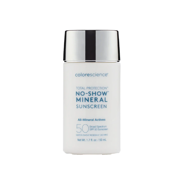A 1.7 fl oz ColoreScience Enviroscreen No-Show Mineral Sunscreen SPF 50 with a silver and white cap.