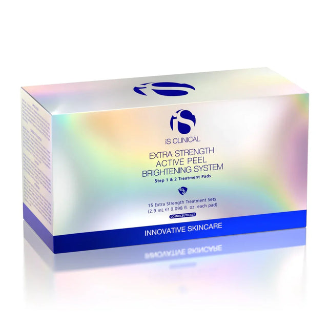 A holographic box labeled The A'esthetic Skin iS Clinical Extra Strength Active Peel System on a white background.