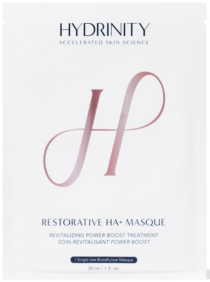 A single-use Hydrinity Restorative HA + Masque by The A'esthetic Skin with branded product details.