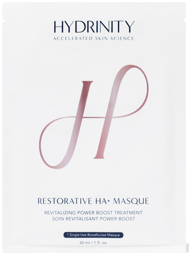 A single-use Hydrinity Restorative HA + Masque by The A'esthetic Skin with branded product details.