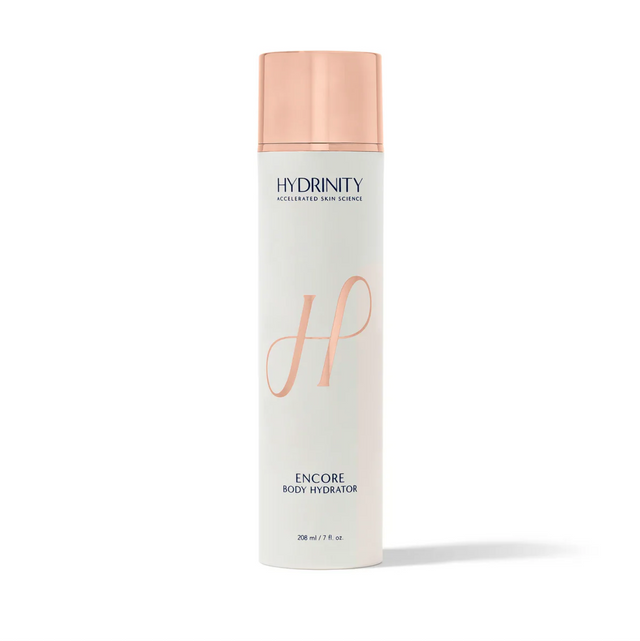 A white Hydrinity Encore Body Hydrator bottle with a rose gold cap and minimalist design.