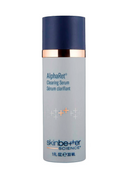 A 1 fl oz bottle of Skin Better AlphaRet Clearing Serum with a blue cap and gold band.