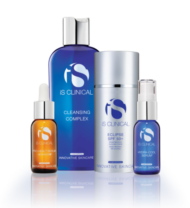 The iS Clinical Pure Calm Collection features four iS Clinical products arranged on a reflective surface.