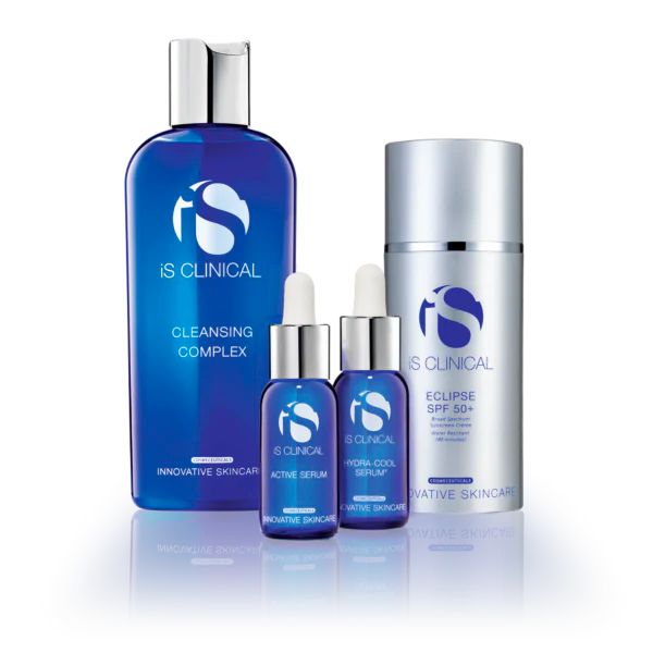 The iS Clinical Pure Clarity Collection, including bottles and sunscreen, displayed on a white surface.